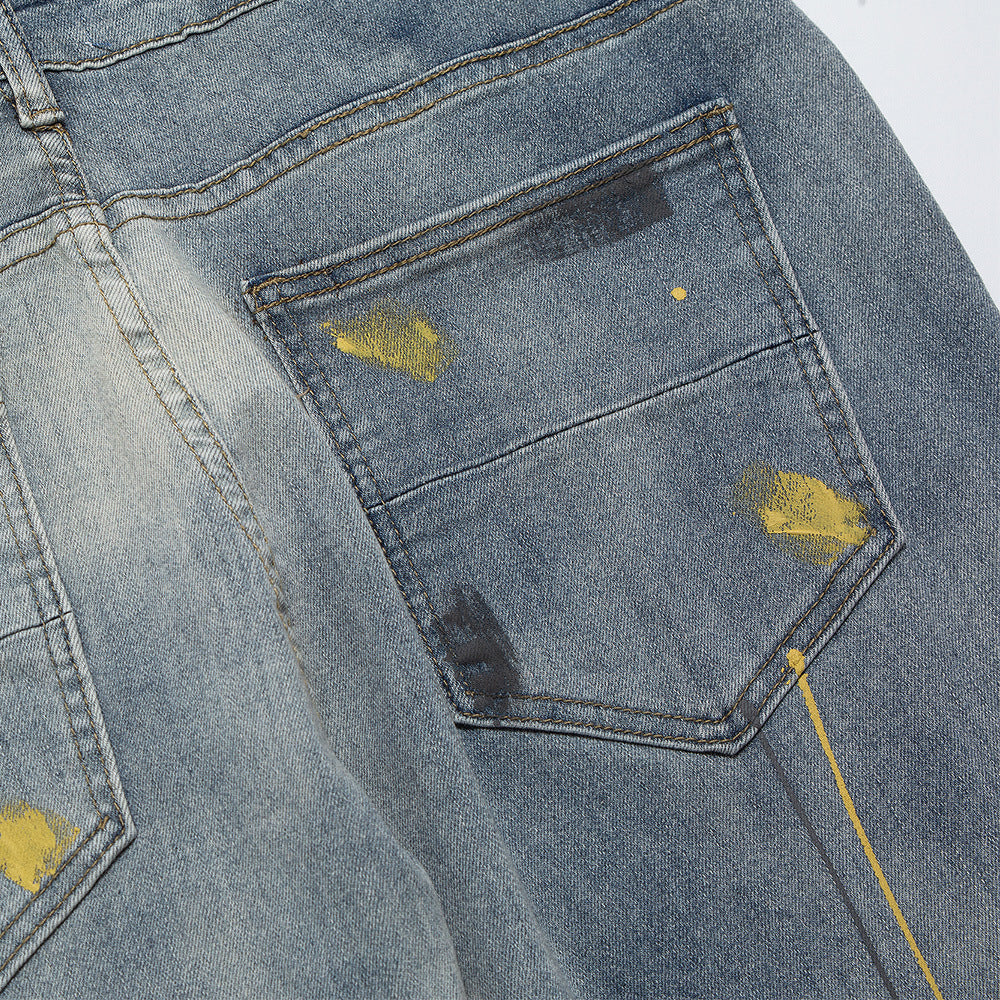Men Jeans Splash Ink Hole Punk Loose Distressed