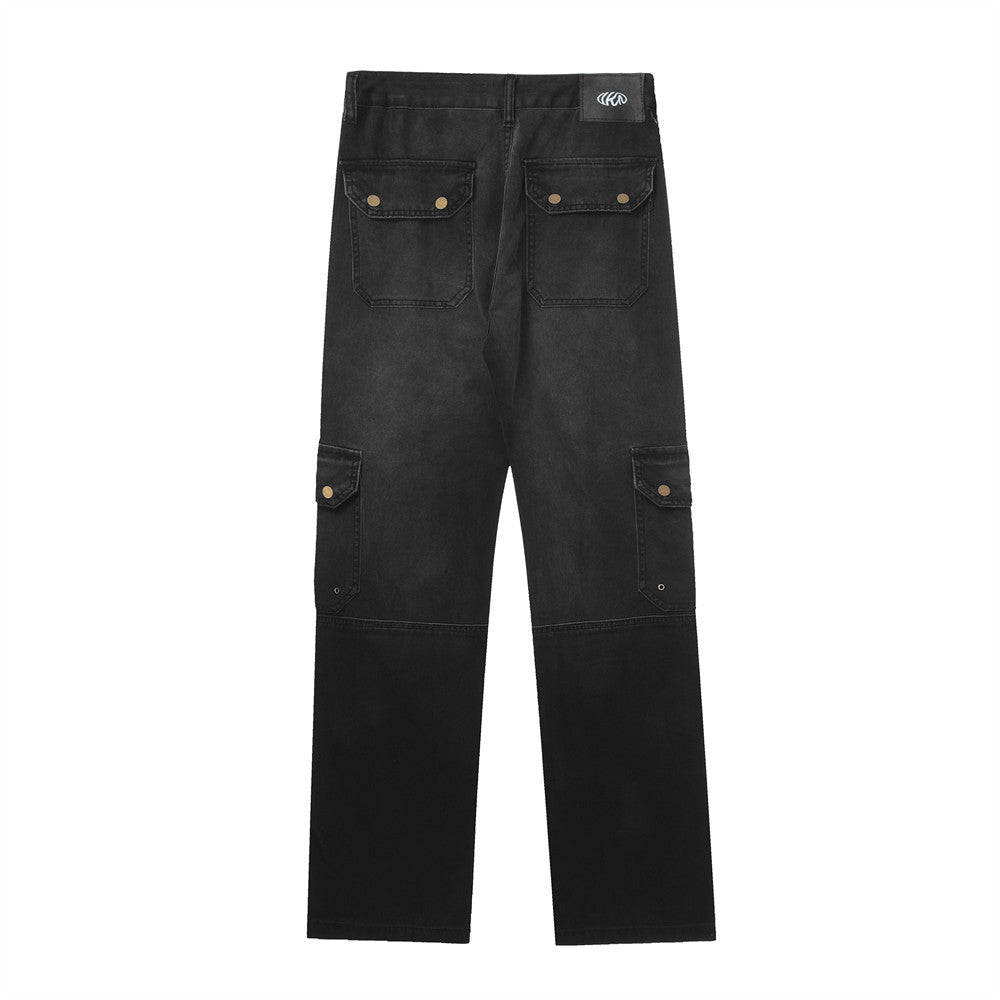 Men Jeans Washed and Worn Loose Cargo Zipper