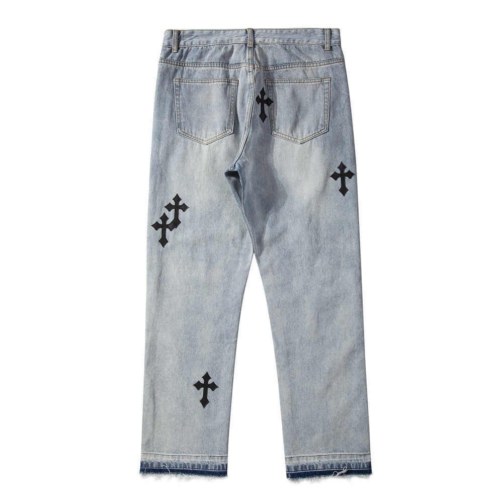 Men Jeans Cross Embroidery Ripped Distressed Loose