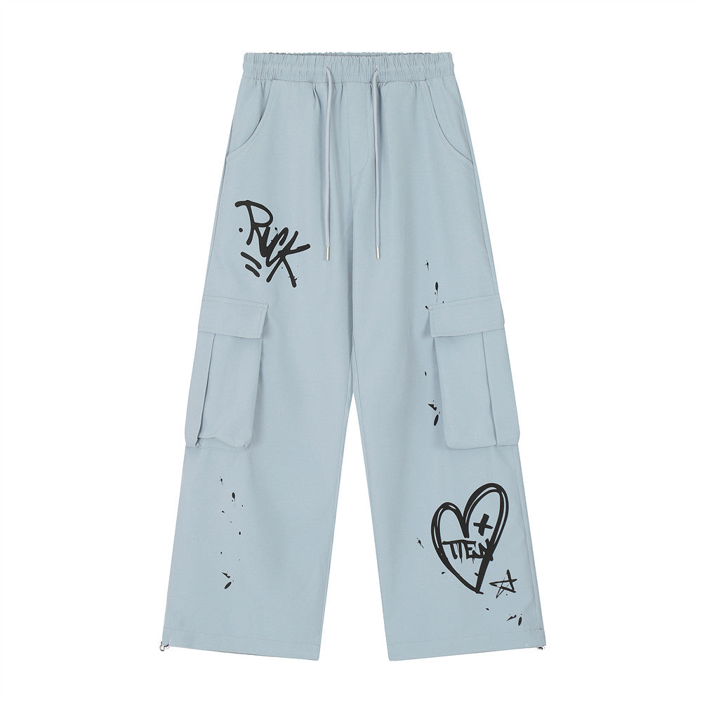 Men Sweatpants Casual Pants Men's Loose Love Splashed Ink Printing Sports Drawstring
