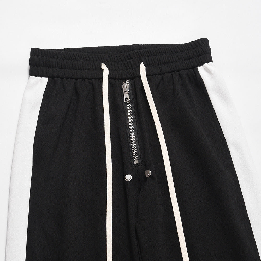 Men Sweatpants Color Matching Sports Casual Pants Zipper Elastic Waist Loose Trousers