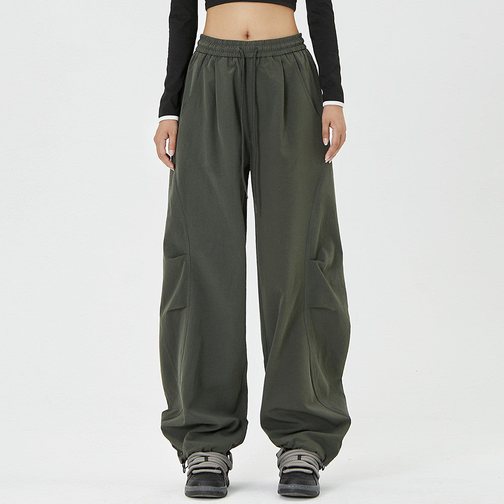 Men Sweatpants Loose-Fitting Wide-Leg Trousers Hip Hop Solid Color Stitching Ruffle Knee Straight Casual Pants