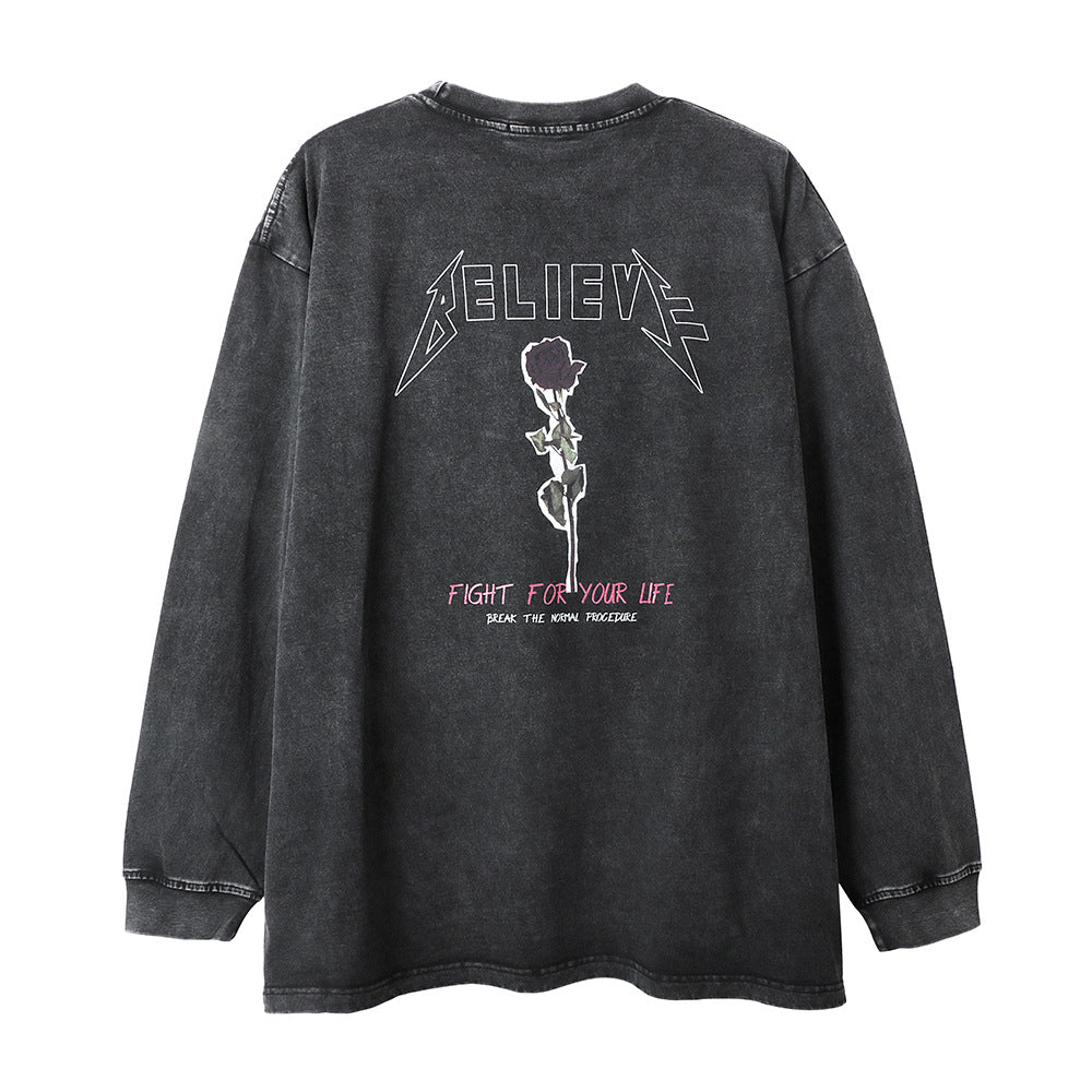 Men Long Sleeve T-Shirt Character Rose Printed Distressed Shake Bottoming Shirt