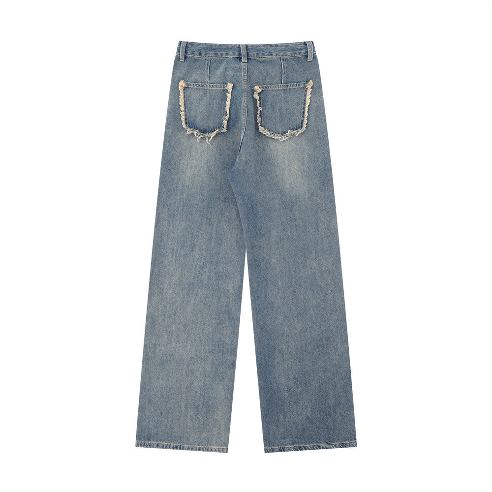 Women Pants Washed Jeans Straight-Leg Pants Loose-Fitting Wide-Leg Trousers