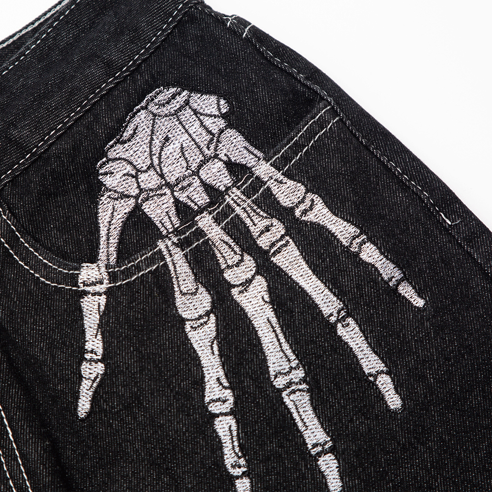 Men Jeans Bone Embroidery Pattern Loose Wide Leg Straight Trend