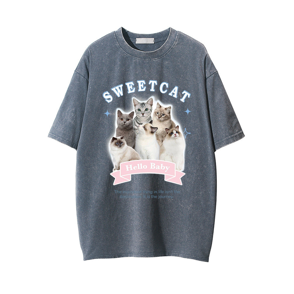 Men Vintage T-Shirt Printed Distressed Washed Short-Sleeved T-shirt Men's Summer Casual Loose round Neck
