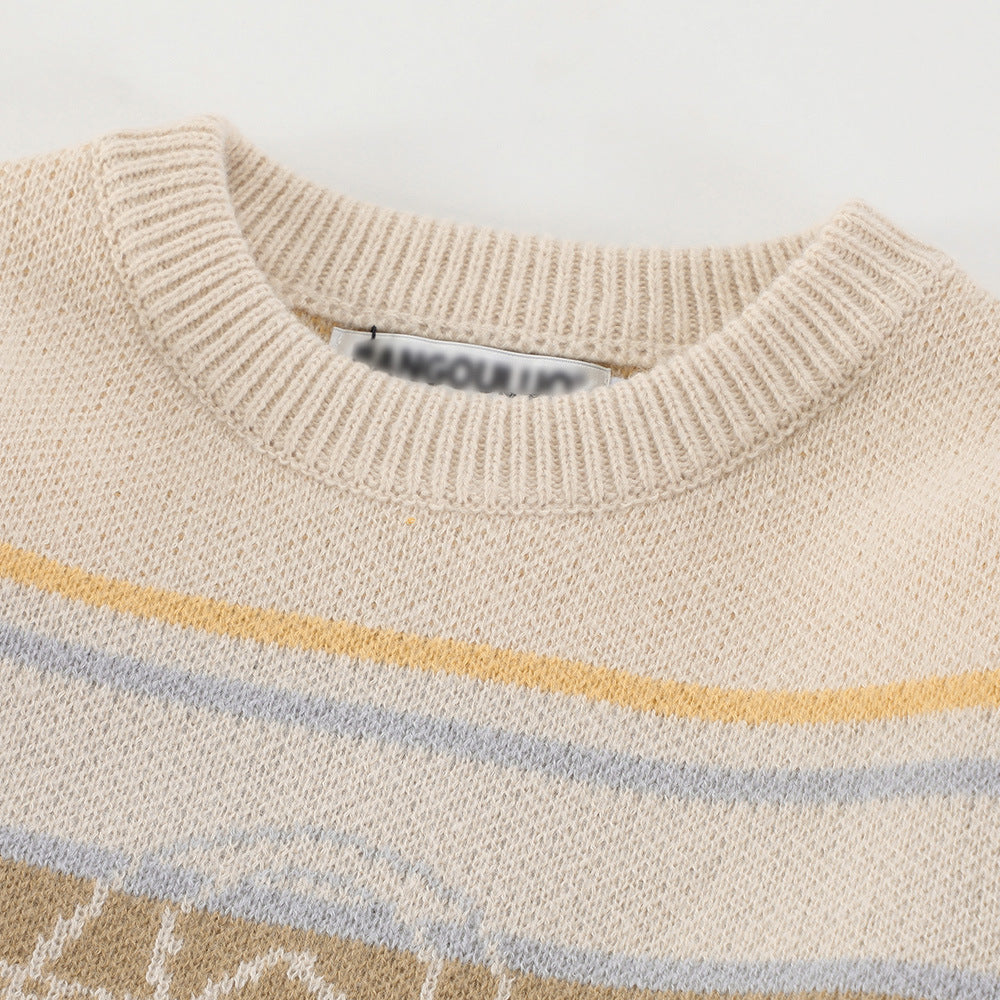 Men Sweater Striped round Neck Sweater Loose