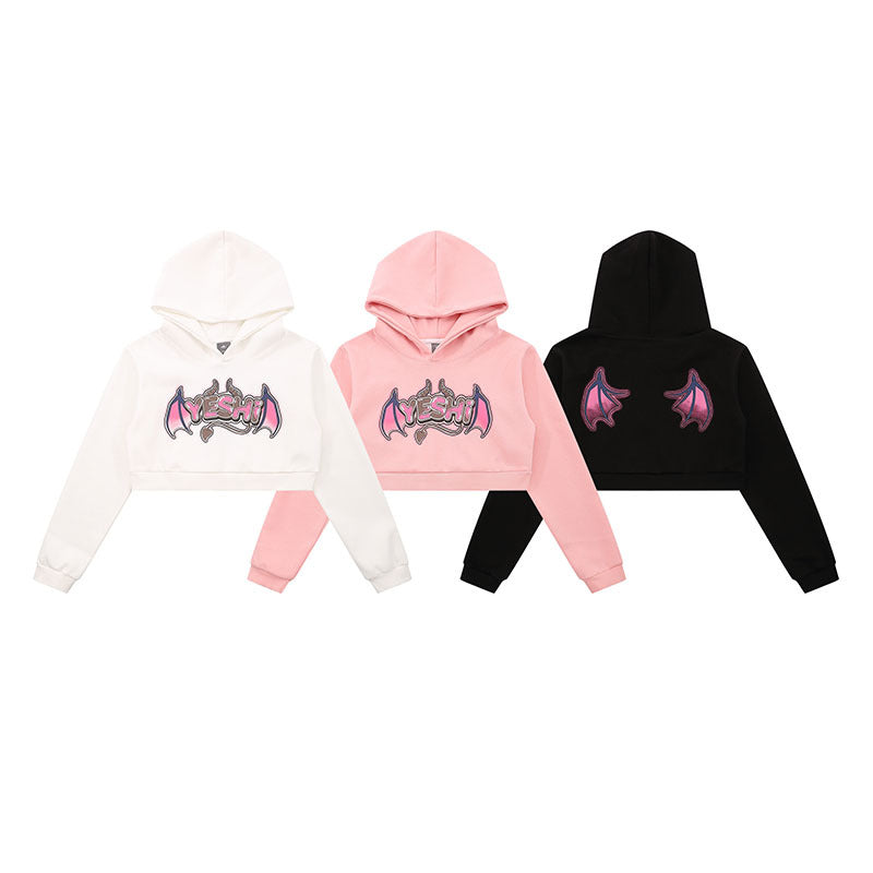 Women Hoodie Retro Sweet and Spicy Hooded Sweater Women's Spring and Autumn Devil Wings Short Top