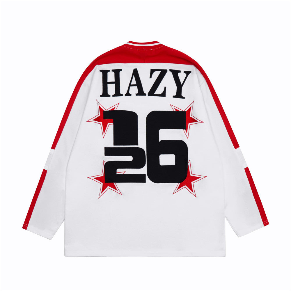 Men Long Sleeve T-shirt Paste Cloth Embroidery V-neck Sports Flame