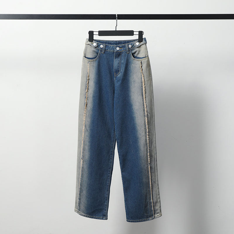 Men Jeans Washed Burr Straight Wide Leg Jeans Men's and Women's Denim Trousers