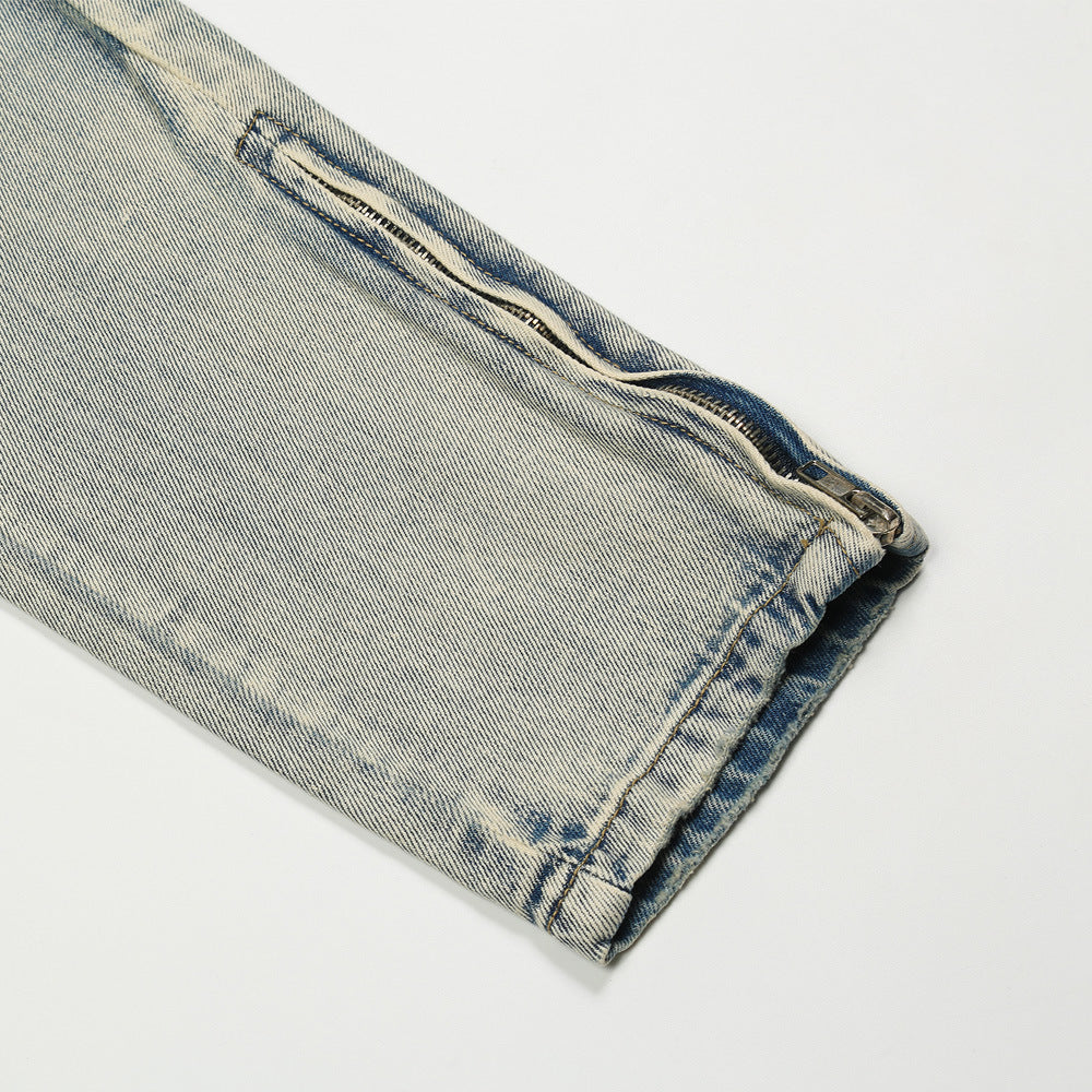 Men Jeans Hole & Patch Washed Worn Jeans Men's Zipper Split Casual Tights Trendy Slim Fit Skinny Pants