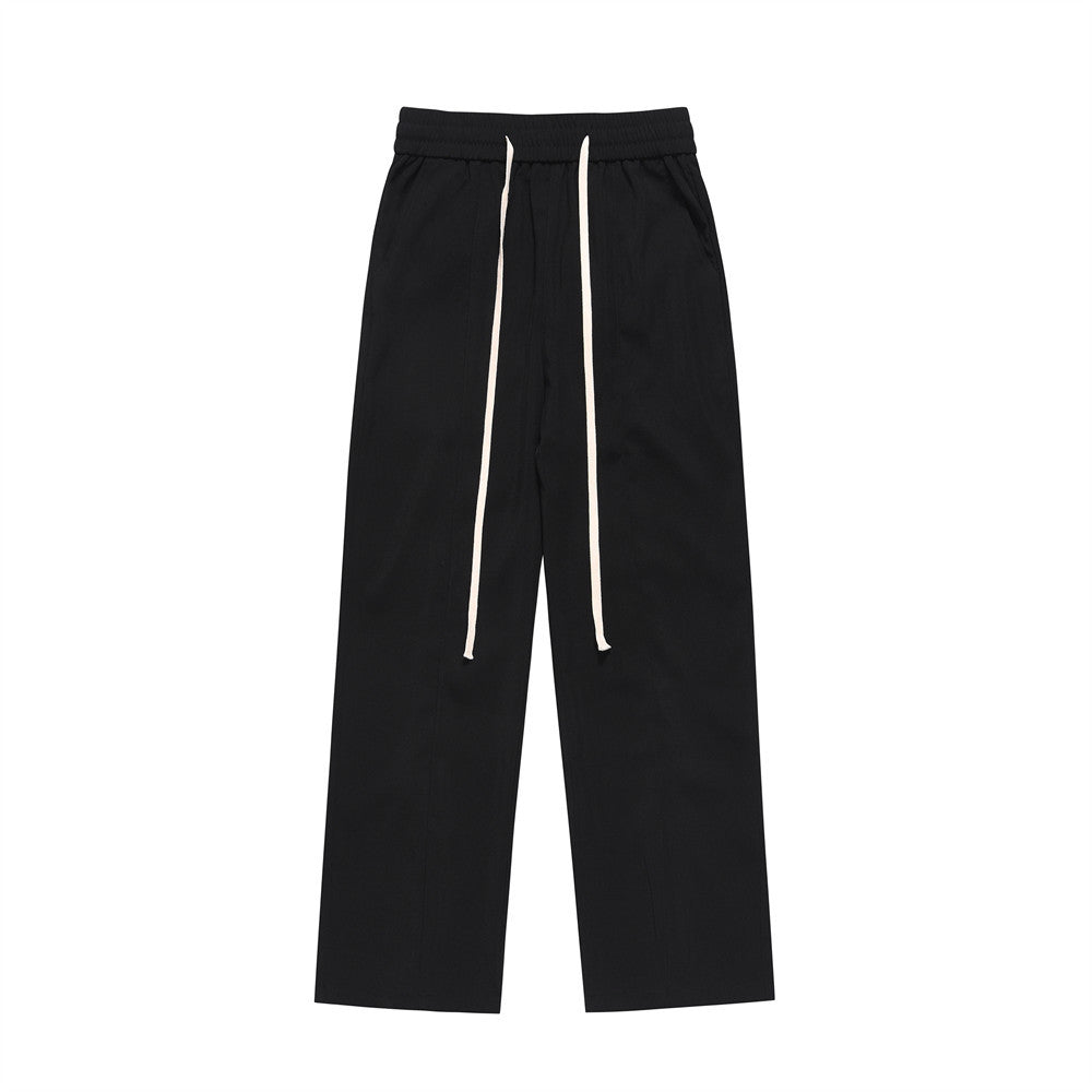 Men Sweatpants Fastener Decoration Straight Casual Pants Men's Loose Drawstring Elastic Waist Wide Leg Pants
