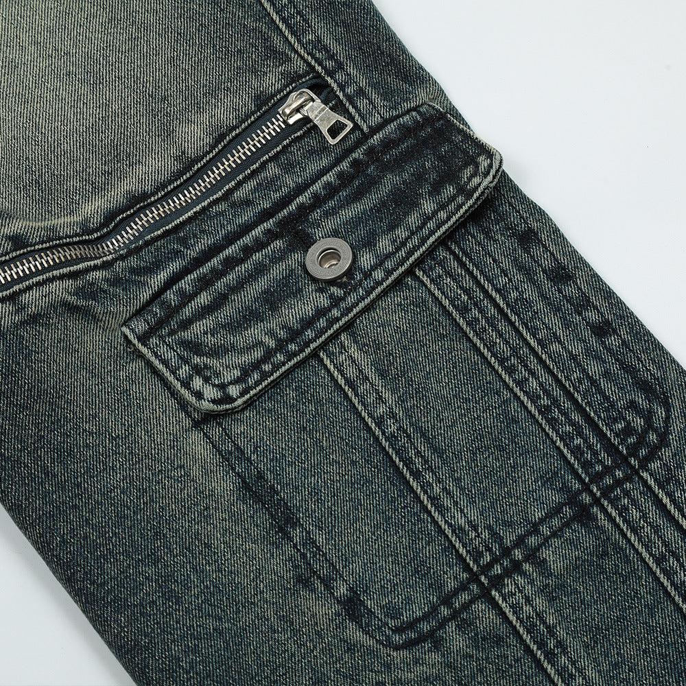 Men Jeans Multi-Pocket Zipper Stitching Loose