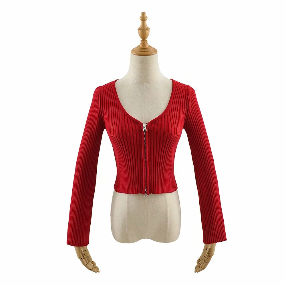 Women Sweater Knit Wear Spring and Autumn Double Zipper Knitted Cardigan Jacket