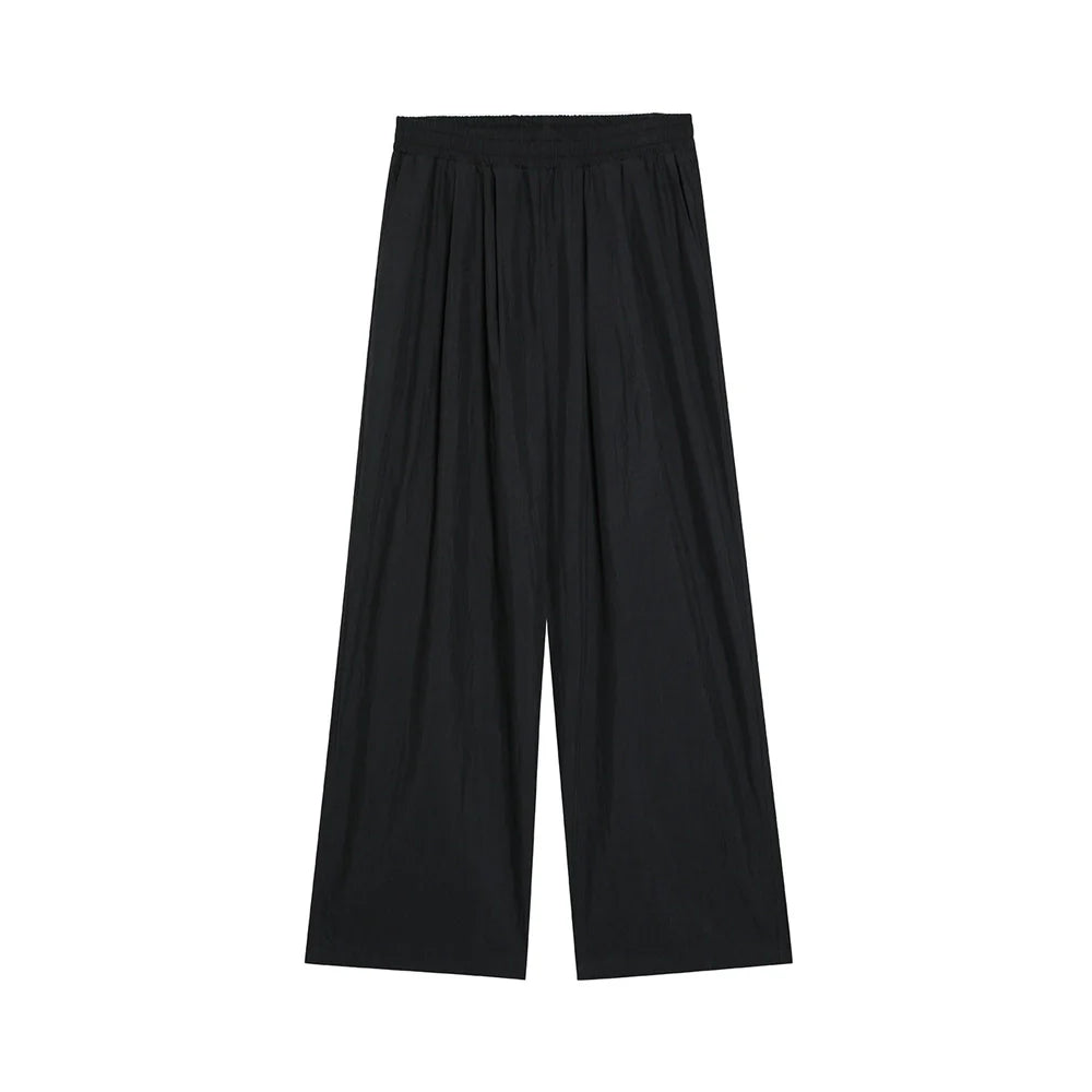 Men Sweatpants Solid Color Wide-Leg Casual Pants Pleated Draping Elastic Waist Loose Draggle-Tail Trousers