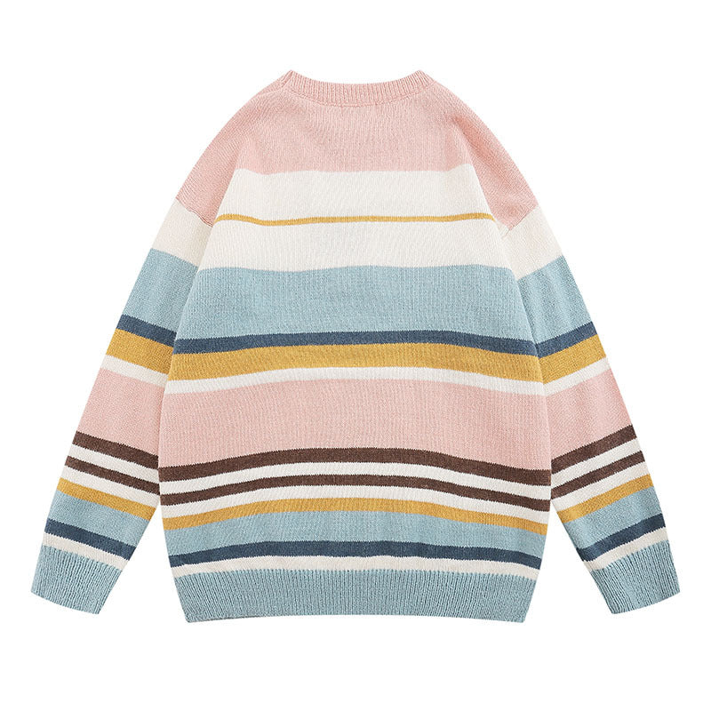 Women Sweater Vintage Mixed Color Stripe Knitted Sweater
