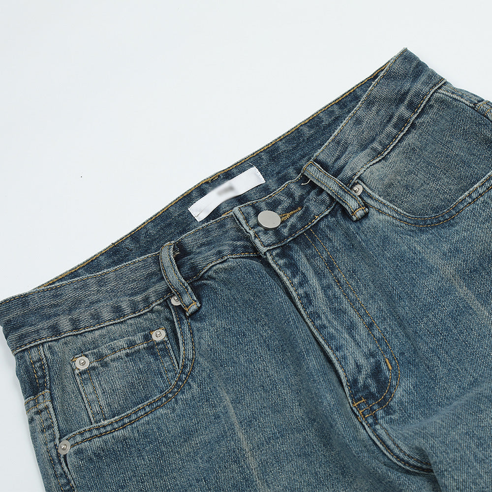 Men Jeans Worn White Old Loose Wide Leg Leisure