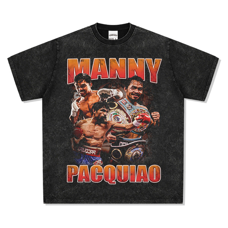 Mens Vintage Boxer T-Shirt Manny Pacquiao Pac Men Printed Short Sleeve T-Shirt Washed Top