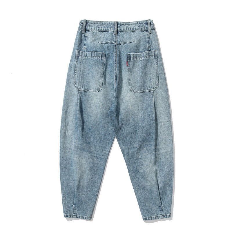 Men Jeans Light Blue Wash Water Ankle-Tied Jeans