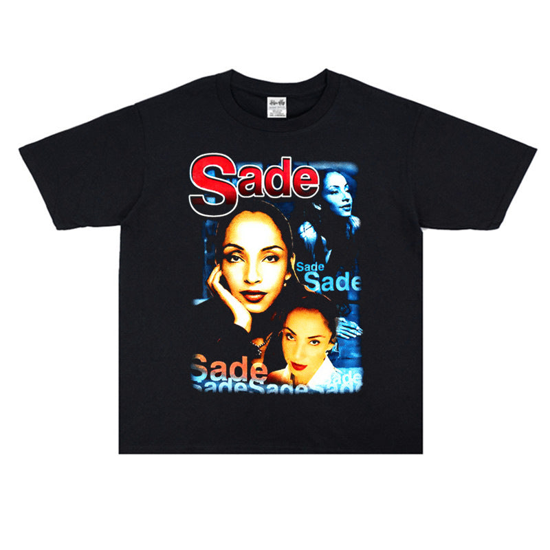 Rock Star T Shirt Nigeria Female Singer Sade Printing Crew Neck T-shirt Short Sleeves Washed Old