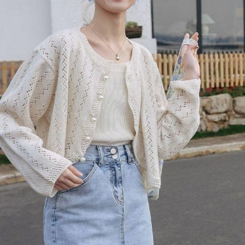 Women Knitted Cardigan Jacket Sun Protection Shirt Hollow Top