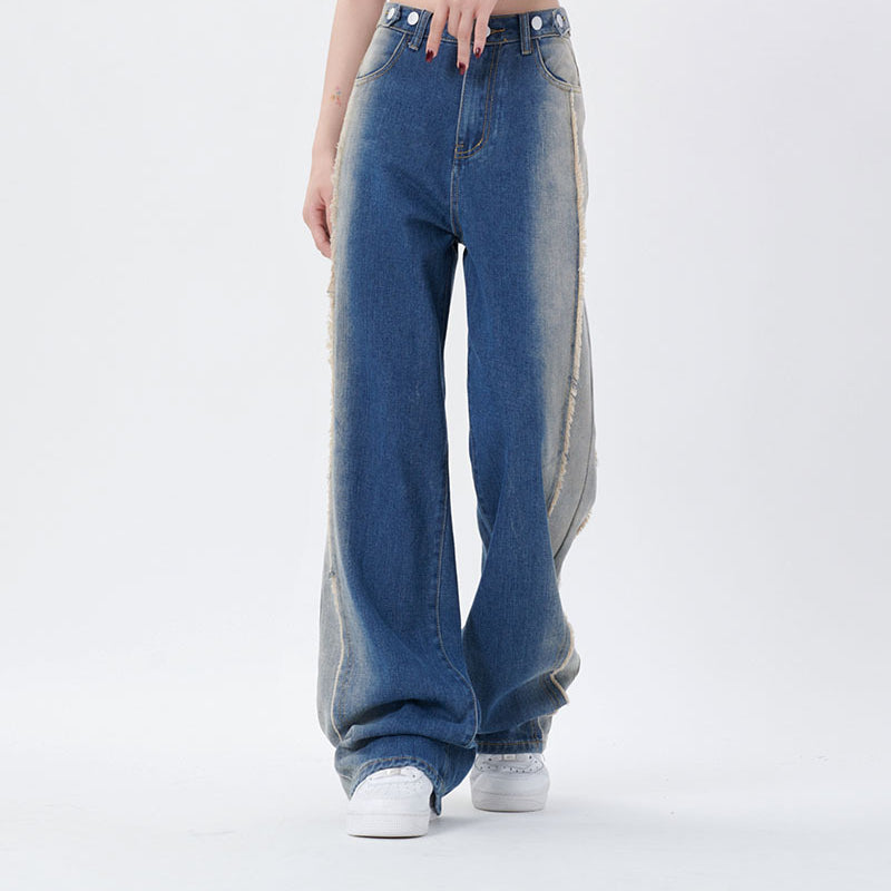 Men Jeans Washed Burr Straight Wide Leg Jeans Men's and Women's Denim Trousers