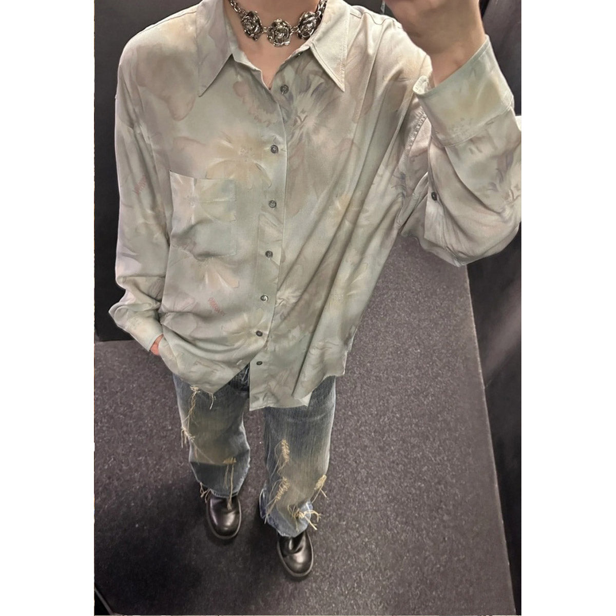 Unisex Shirts Floral Print Oversized Satin Shirt