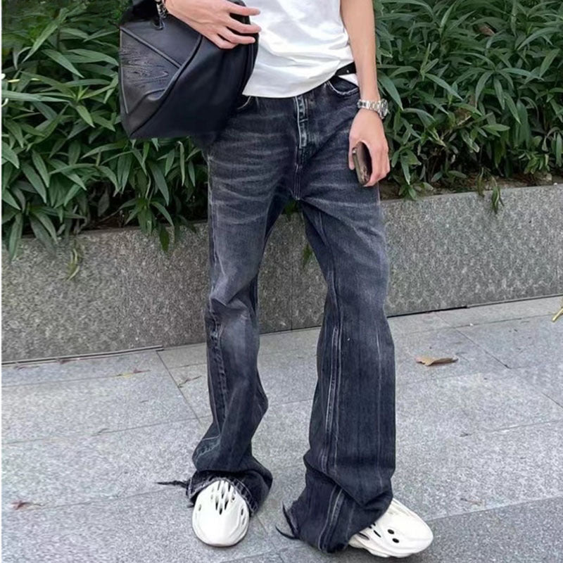 Men Jeans Retro Bell-Bottom Pants Cat Beard Washed Loose Jeans