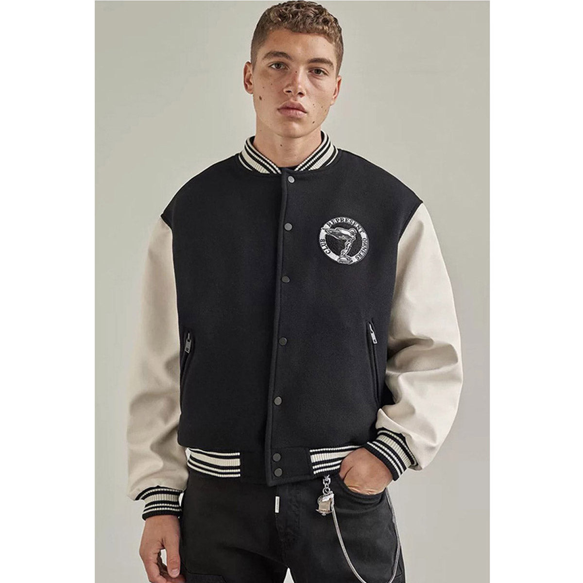 Unisex Baseball Jersey Represents Embroidered Leather Sleeve Baseball Jacket