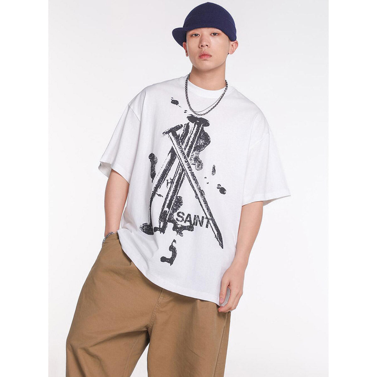 Unisex T-Shirts Saint Michael Fun Nail Print Casual Loose T-Shirt