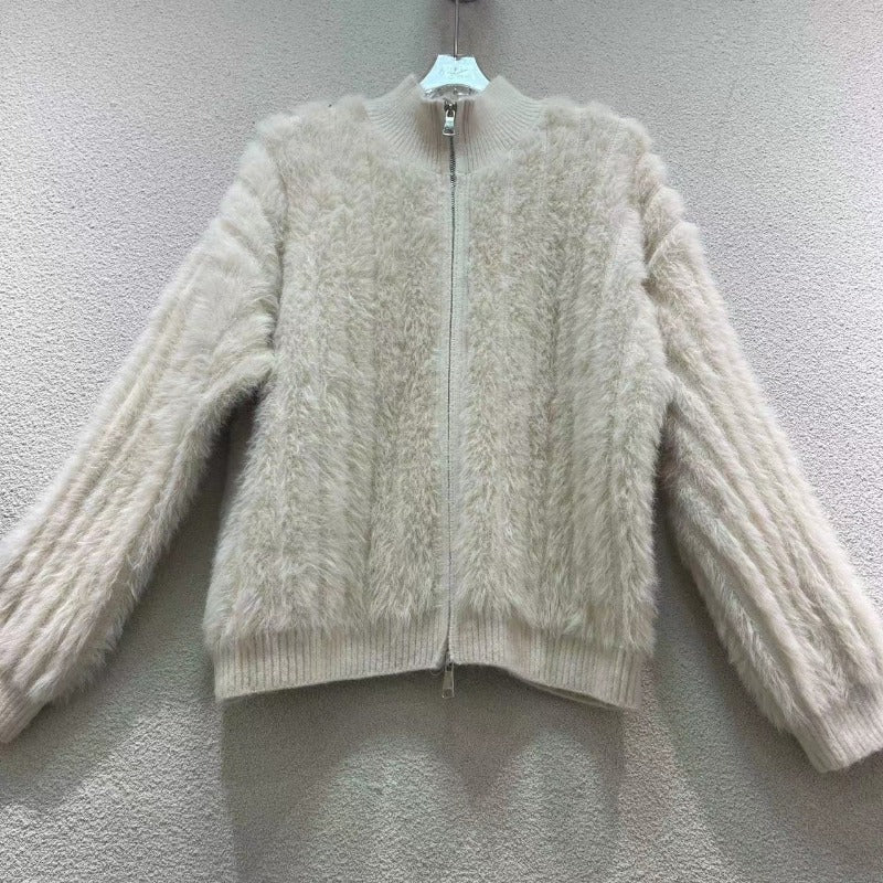 Women Knitted Cardigan Imitated Mink Plush Coat Jacket Loose Knitted Cardigan