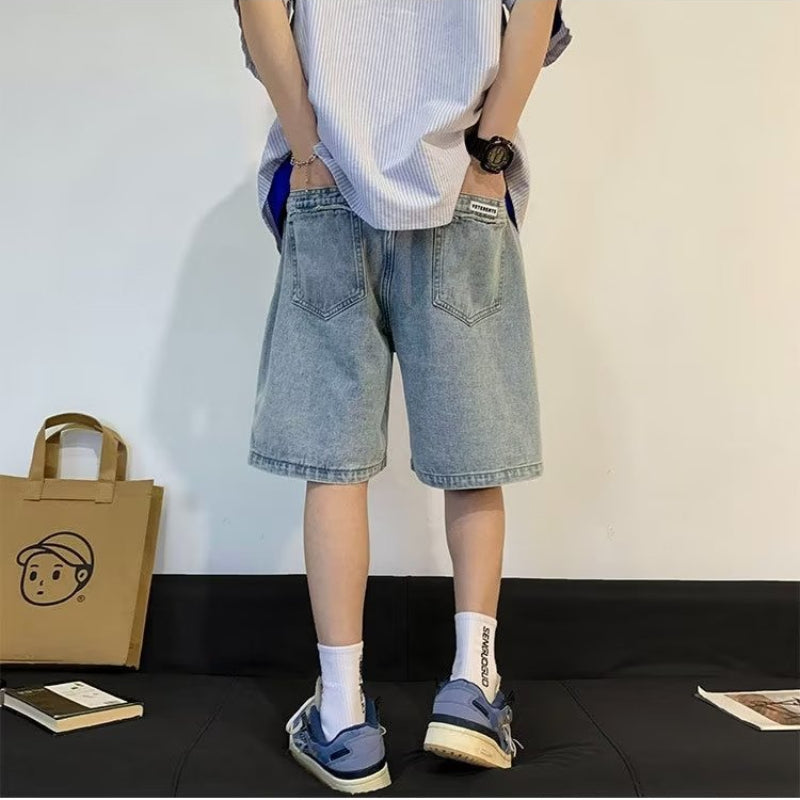 Men Jeans Light Blue Drawstring Ripped Denim Shorts Oversize