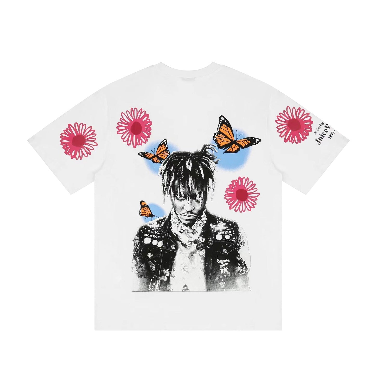 Vlone T Shirts Character Butterfly Red Flower Large V Printed Short Sleeve T-shirt Men and Women Hip Hop Half Sleeve