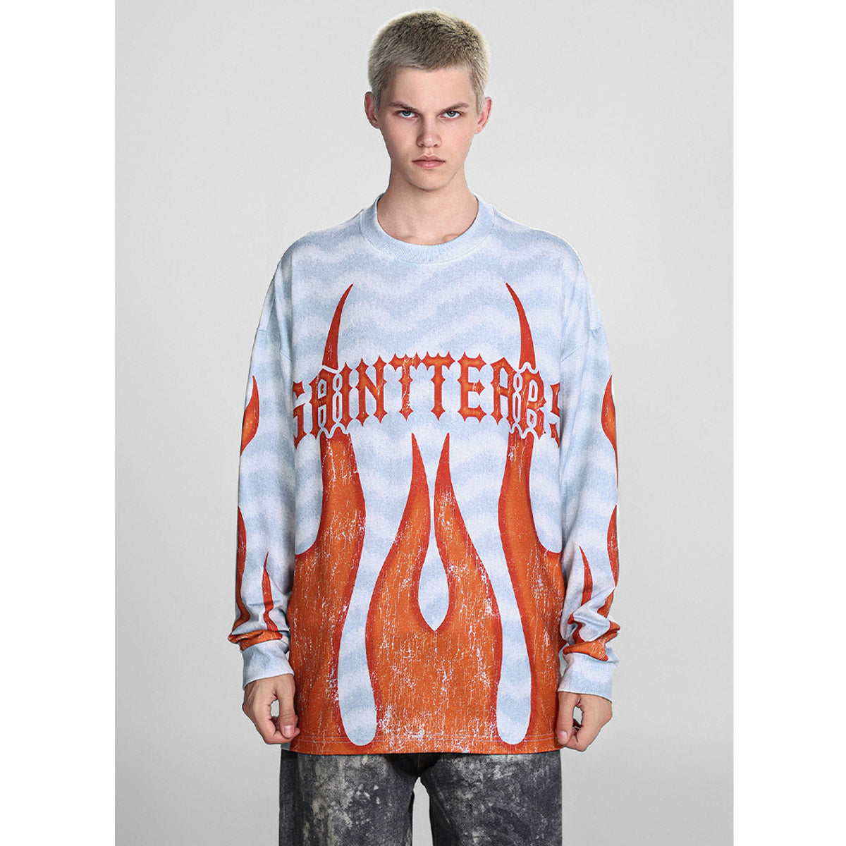 Mens Long Sleeve Shirt Saint Michael Flame Pattern Long Sleeve