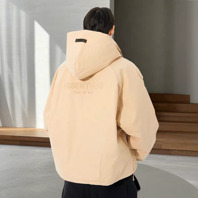 Unisex Coat FOG LOGO Zipper Ess Double Thread Hooded Cotton Clothing
