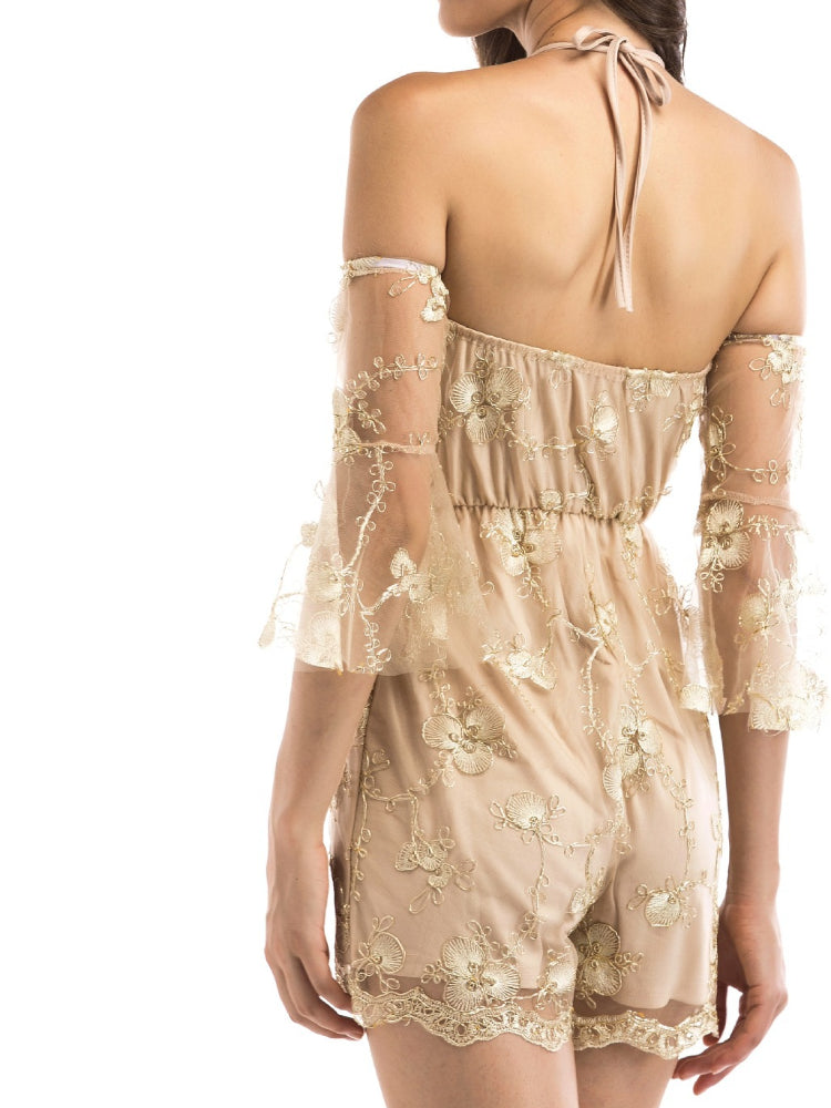 Women's Evening Gown Summer Sexy V-neck Gold Thread Embroidered One-Piece Shorts