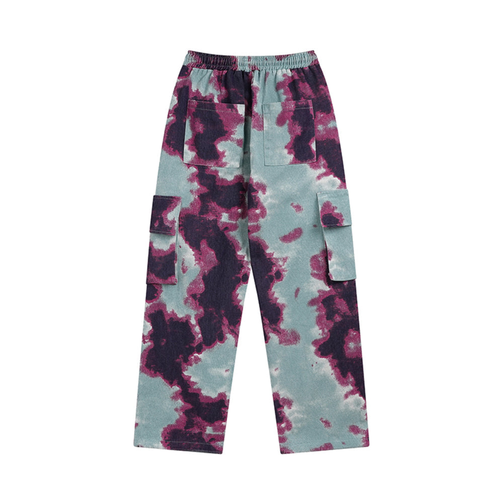Men Sweatpants Tie-Dye Printing Casual Working Pants Loose Pockets Straight-Leg Trousers
