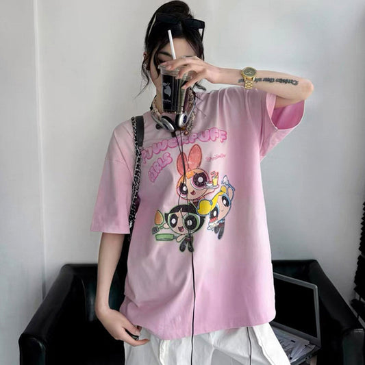 Unisex T-Shirts Powerpuff Girls Cartoon Print Casual Vintage Cotton Tee