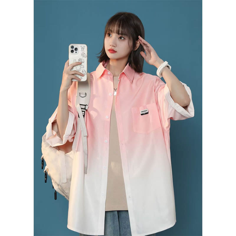 Men Shirts Gradient Color Short Sleeve Jacket Casual