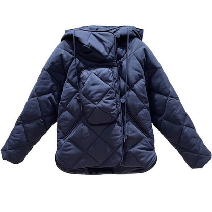 Women Cotton Coat Breasted Loose and Warm Diamond Grid Cotton Jacket