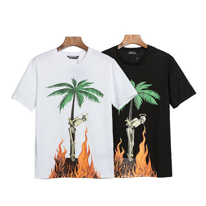 Palm Angels T Shirts Flame Skull Print T-shirt Loose Short Sleeve