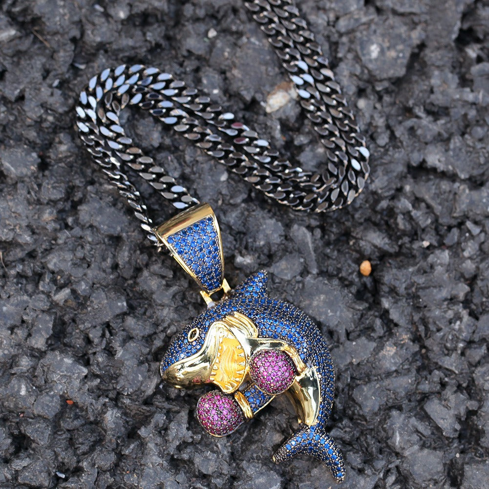 Jewelry Hip Hop Boxing Shark Zircon Pendant Necklace Animal Spectrum Armament