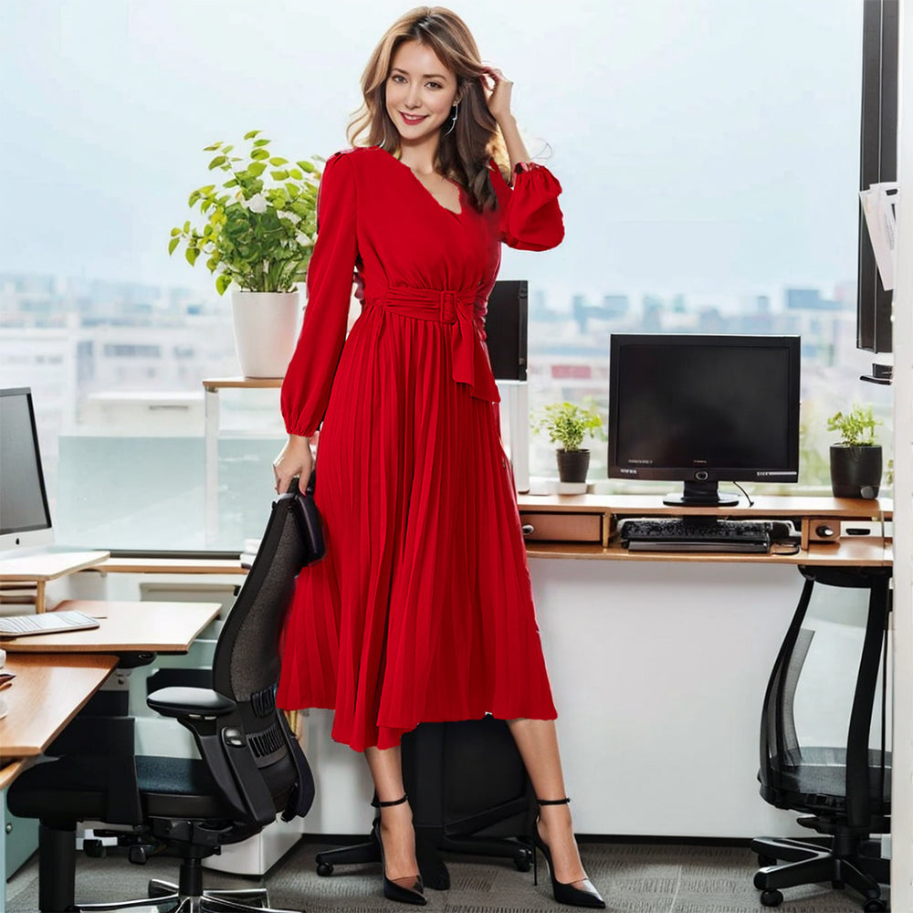 Modest Office Dresses Pleated Belt V-Neck Dress