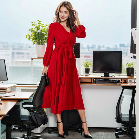 Modest Office Dresses Pleated Belt V-Neck Dress