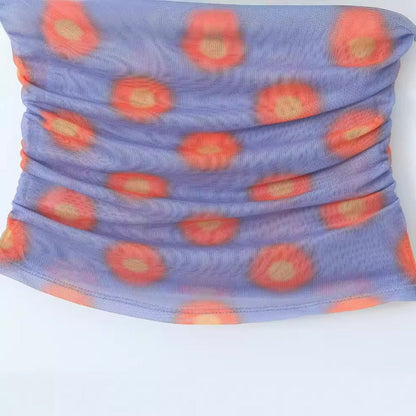 Women Tops Summer Mesh Printed Pleated T-shirt Vest