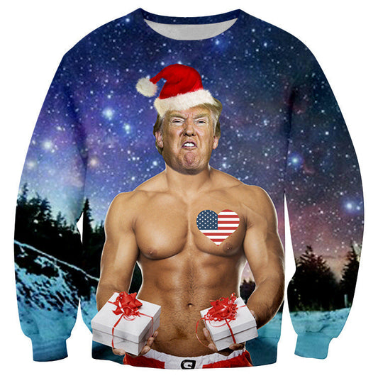 Ugly Christmas Sweater round Neck Sweater Spoof Trump 3D Printed Crew Neck Sweatshirt Autumn and Winter Long-Sleeved Shirt