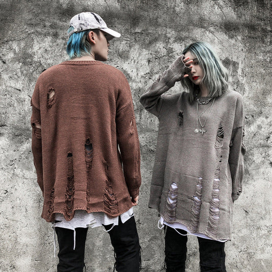Men Sweater Dark Ripped Long Sleeves Sweater Men's Loose