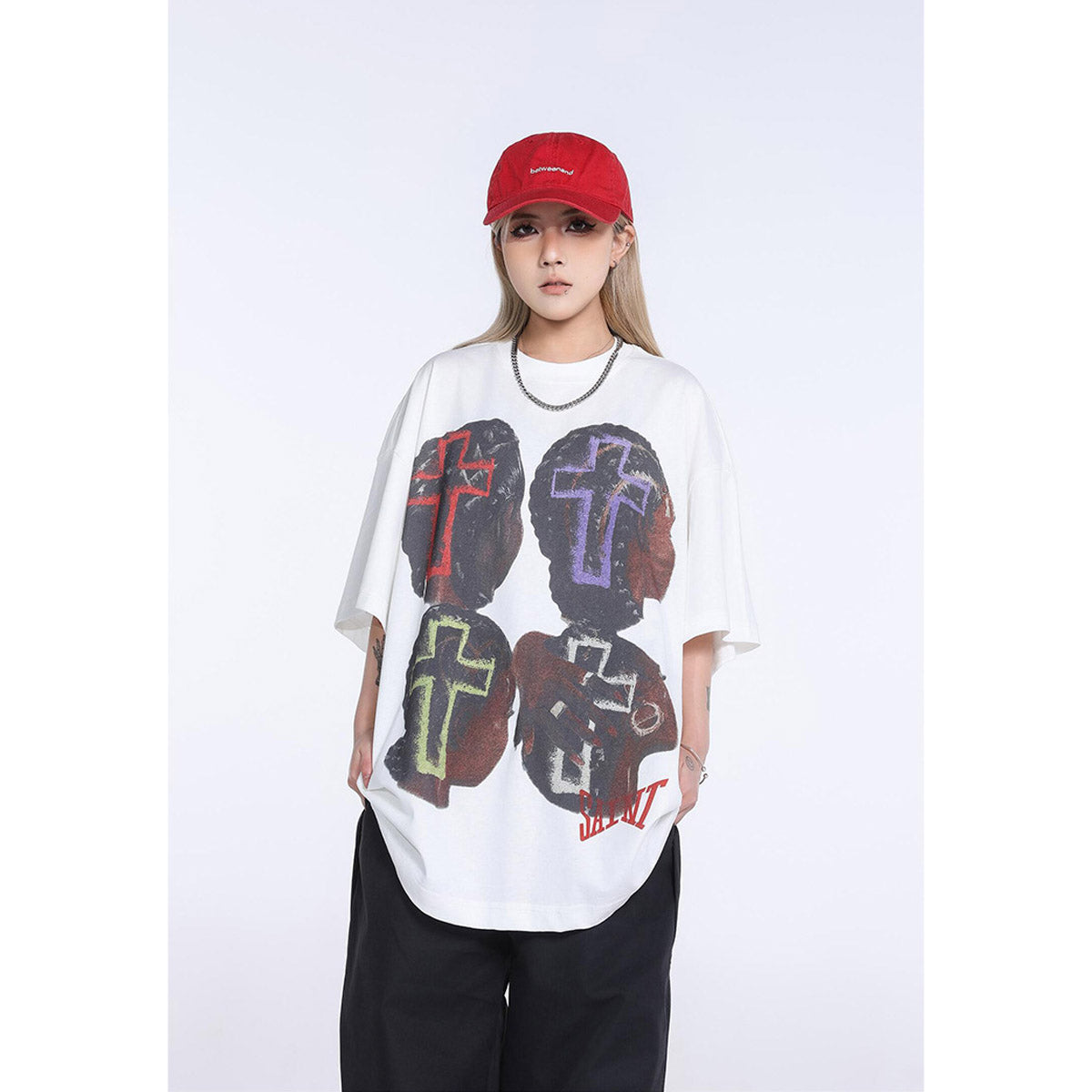 Unisex T-Shirts Saint Michael Portrait Print Colored Cross Loose T-Shirt