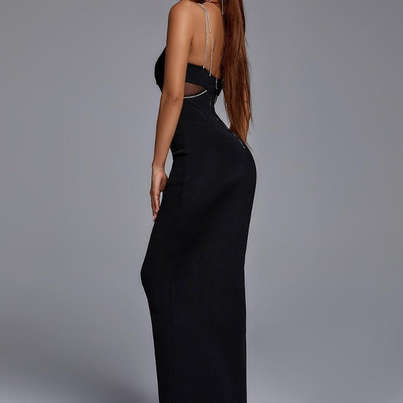Women Evening Dress Crystal Drill Chain Straps Tulle Backless Evening Gown