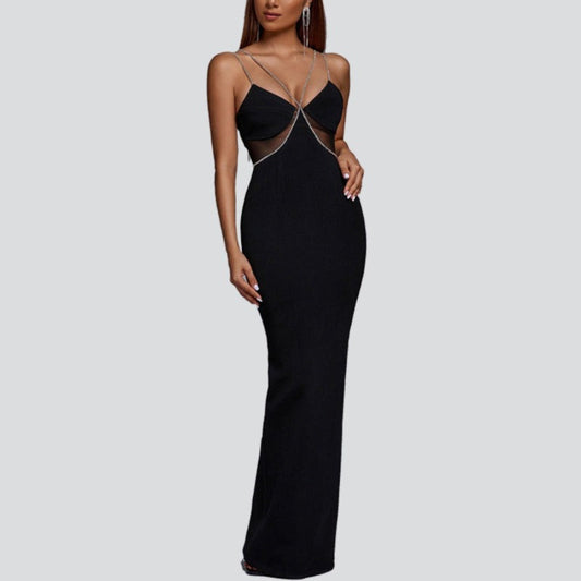 Women Evening Dress Crystal Drill Chain Straps Tulle Backless Evening Gown